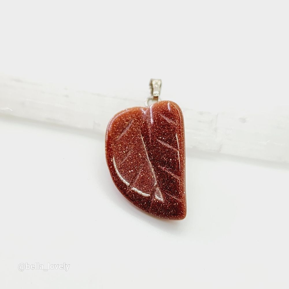 Carved Sparkly Sunstone Goldstone Leaf Tribal Pendant 1.17"